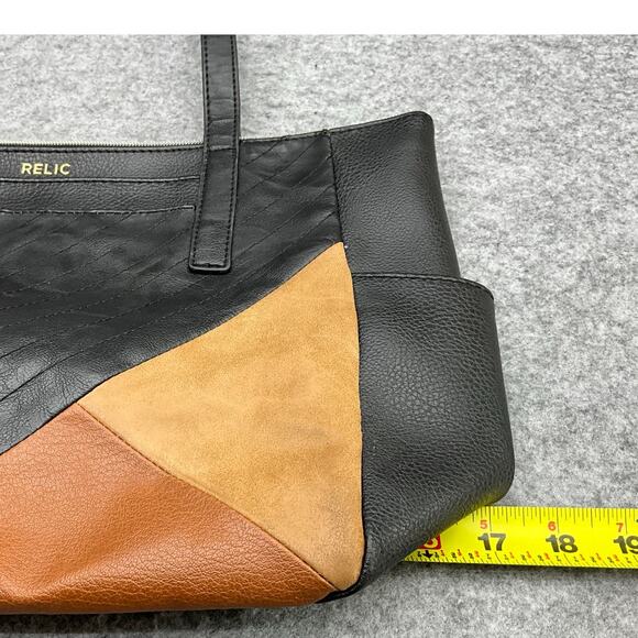 Relic Black Tan Pebbled Patchwork Faux Leather Boho Western Tote Purse - Picture 5 of 15